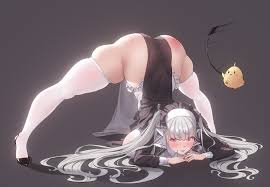 rhasta, formidable (azur lane), manjuu (azur lane), azur lane, black  footwear, habit, silver hair, commentary, 1girl, adapted costume, ahoge,  ass, black dress, black nails, blush, breasts, closed mouth, dress, frills,  full body,