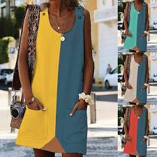 Stitching Color Pocket Sleeveless Dresses Summer Dresses For Women Fashion Printed Casual Dresses