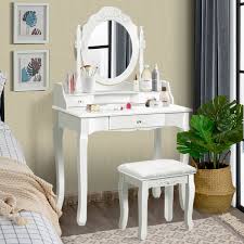 Winston 48 inch bath vanity with bombay white engineered quartz marble top. Costway White Vanity Wood Makeup Dressing Table Stool 3 Drawer Walmart Com Walmart Com