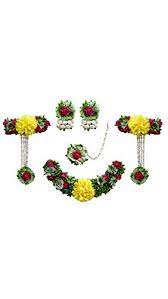 Handmade jewelry set crafted with yellow fabric flowers along with golden gota work make gorgeous. Buy Shinestone Floral Jewellery Haldi Mehendi Baby Shower Sangeet Jewellery Set Having Hathfools Earrings Necklace And Maangtikka In Green And Yellow Color At Amazon In