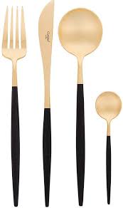 Black And Gold Kitchen Utensils Cutipol Goa Cutlery Set 24 Piece Matt Black Gold Cutlery Set Gold Cutlery Set Gold Cutlery