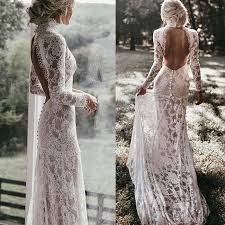 White Ivory High Neck Long Sleeve Wedding Dress Backless Lace Mermaid Wedding Dresses With Sw In 2020 Backless Wedding Wedding Dress Long Sleeve Wedding Party Dresses