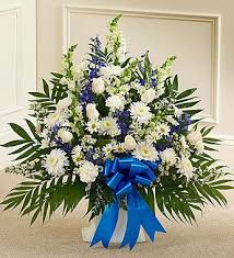Heartfelt Tribute Blue White Floor Basket Arrangement Funeral Flower Arrangements Funeral Flowers Funeral Floral Arrangements