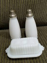 Vintage Milk Glass Ribbed Half Stick Butter Dish Tall Salt And Pepper Shakers Milk Glass Decor Milk Glass Ceramic Butter Dish