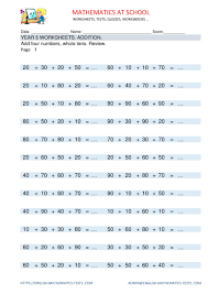 Year 5 Maths Worksheets Addition Adding Whole Tens 4 Addends With Answers