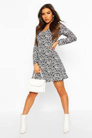 Womens Ditsy Floral Long Sleeve Frill Hem Shift Dress Black 6 Bodycon Fashion Dresses Dresses For Work