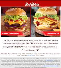 August 2021 20 Off At Red Robin Restaurants Redrobin Coupon Promo Code The Coupons App