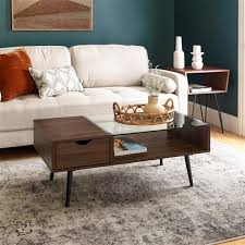 A rectangular coffee table with chromed steel and clear glass top coffee table.this midcentury modern coffee table will fit any classic or modern home and a real treasure for your in. Walker Edison Modern Wood And Glass Coffee Table With Drawer Dark Walnut Lwf42jmgldw Rona
