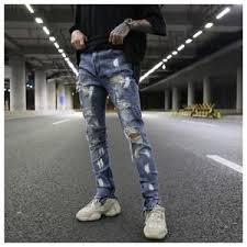 Bottom Zipper Destroyed Jeans Skinny Jeans Ripped Slim Mens Biker Jeans Fashion Graffiti Printed Streetwear Hip Hop Pants Hip Hop Pants Biker Jeans Mens Jeans