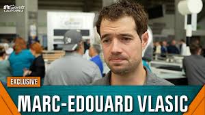 Sharks defenseman Marc-Édouard Vlasic speaks with NBC Sports California's  Alan Hoshida after San Jose captain Logan Couture announced the end of his  NHL career