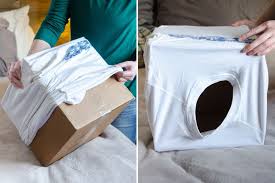 Make A Cat Tent With An Old Shirt And A Cardboard Box Diy Cat Bed Cardboard Cat House Cat House Diy