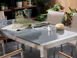 Table De Jardin Plateau Granit Gris Poli 180 Cm 6 Chaises En Rotin Grosseto Beliani Fr