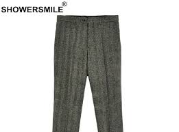 Showersmile Herringbone Gray Wool Pants Men Trousers Warm Thick Autumn Winter Woolen Tweeds Classic Retro Pants Mens Wool Pants Cheap Dress Pants Men Trousers