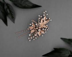Rose Gold Bridal Hair Pin of Crystals and Leaves - Cassandra Lynne