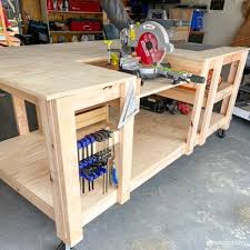 Diy Mobile Workbench With Table Saw Miter Saw In 2020 Mobile Workbench Workbench Plans Diy Diy Table Saw
