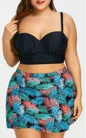Plus Size Palm Print Skirted Bikini Set This Plus Size Two Piece Swimsuit Is Divided Into A Solid Bu Plus Size Bikini Plus Size Swimwear Plus Size Bikini Set