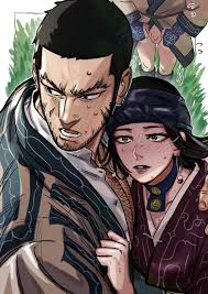 tobo katsuo, cikapasi, inkarmat, tanigaki genjirou, golden kamuy, highres,  1girl, 2boys, ainu, ainu clothes, bara, black hair, blue headband, blush,  chest hair, earrings, facial hair, grey lips, headband, hoop earrings,  jewelry, large