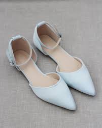 Light Blue Satin Pointy Toe Flats With Ankle Strap Light Blue Shoes Pointy Toe Flats Blue Block Heels