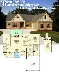 Plan 75450gb 3 Bed Craftsman With Optional Bonus Room In 2021 Architectural Design House Plans One Level House Plans Craftsman House Plans