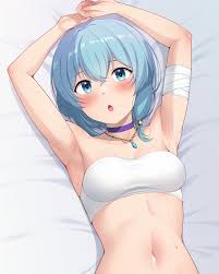 honda naoki, narsena, party kara tsuihou sareta sono chiyushi, jitsu wa  saikyou ni tsuki, 1girl, aqua eyes, arms behind head, arms up, bandaged  arm, bandages, bandeau, bare shoulders, bed sheet, blue hair,