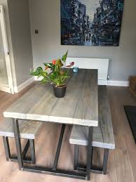 Oak and metal dining table seats 8. Industrial Style Reclaimed Wood Grey Washed Dining Table And Benches Www Reclaimedbespoke Dining Table With Bench Industrial Dining Table Kitchen Table Wood
