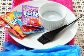Simply applied to moist hair after washing the liquid provides nourishing as well as a thin coat of color, which washes out again the next time in the shower. Homemade Temporary Hair Color For Kids Kids Hair Color Temporary Hair Color Kool Aid Hair