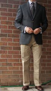 Black Blazer Khaki Pants Brown Shoes Dark Grey Tweed Jacket White Shirt With Grey Stripes Black Tie With Medallions Khakis Khaki Blazer Khaki Pants Men Sport Coat Outfit