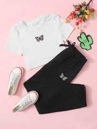 #sheinvacaymode✓ free shipping on eligible purchases ✓. Girls Butterfly Embroidered Top And Tie Front Joggers Set Shein Eur