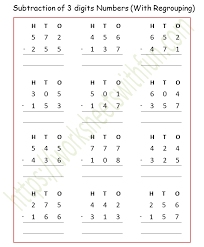 Rearrange the numbers in vertical (column) form as per their place values and perform subtraction. Maths Class 4 Subtraction Of 3 Digits Numbers With Regrouping Worksheet 1