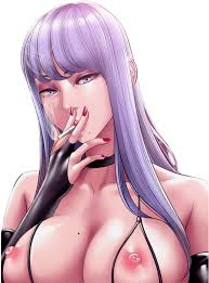 dr stein (pixiv), rin (smoking hypnosis), smoking hypnosis, highres,  breasts, breasts out, choker, cigarette, collarbone, detached sleeves,  eyeshadow, grey eyes, grey hair, long hair, looking at viewer, makeup,  mole, mole on breast, mole on chin, nipples, no bra,