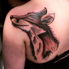 Hand on own shoulder 740? Unusual Painted Colored Smiling Fox Tattoo On Shoulder Tattooimages Biz