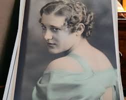 Vintage Photo 1934 Young Woman Beautiful Hand Colored Plaid Ribbon Neck Tie  64 Z