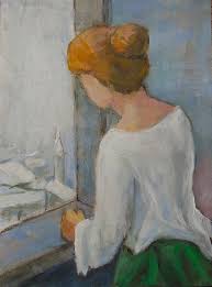 Woman looking out window painting. Woman At The Window Painting By Alfons Niex