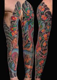 Mongoose Cobra And Cherry Blossom Sleeve Black And Grey Tattoos Cherry Blossom Tattoo Japanese Cobra Tattoo