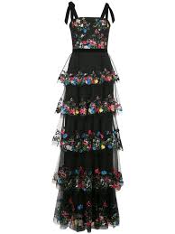 Marchesa Notte Floral Embroidered Tiered Tulle Gown In Black Modesens