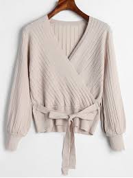 33 Off 2022 Tie Waist Ribbed Crossover Sweater In Light Khaki Zaful