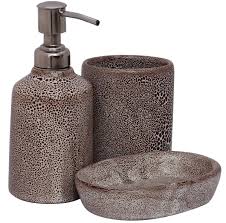 Finish off your bathroom look with stylish & practical bathroom accessories in designs and shades perfect for every decor. Wholesale Set Of 3 Ceramic Soap Dish Countertop Liquid Soap Dispenser Tumbler In Mottled Brown Bathroom Accessories In Hand Painted Bath Ensemble From Wholesale Distributors In India Decorative Handmade Bathroom From Bulk Suppliers