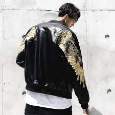 Golden Angel Wings Bomber Jacket Bomber Jacket Black Leather Jacket Men Jacket Outfit Women