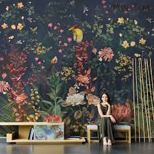 Wallpaper With Birds And Flowers For Walls Handpainted American Style Dark Background Flowers Floral Etsy Floral Wallpaper Mural Wallpaper Wall Murals
