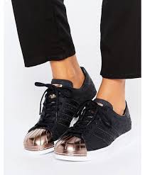 Adidas Black And Gold Trainers Womens Adidas Originals Superstar Womens Black Metallic Trainers With Rose Gold Toe Black Lace Up Shoes Adidas Superstar Metal Toe Adidas Superstar Rose Gold