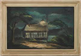 George Cress O/C Painting, Stilt House at Night