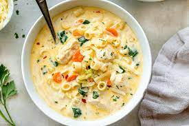 Creamy Chicken Soup With Pasta And Spinach Chicken Pasta Soup Recipe Pasta Soup Recipes Creamy Chicken Soup