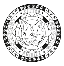 A cute cat with zen ornaments for adults for relaxing activity. Mandala Cat Mandalas Adult Coloring Pages