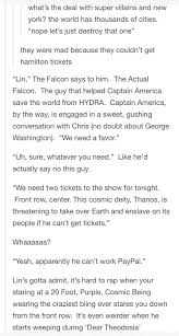 Nice Nice Nice I Love How They Say Falcon And Then When Talking About Captain America They Just Say Chris Hamilton Funny Hamilton Memes Hamilton Musical