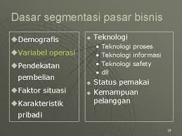 Menurut griffin (2006), segmentasi merupakan proses membagi pasar keseluruhan suatu produk atau jasa kedalam beberapa segmen yang memiliki kesamaan dalam hal minat, daya beli, geografi, perilaku pembelian maupun gaya hidup. Mengidentifikasi Segmen Pasar Dan Memilih Pasar Sasaran Segmenting