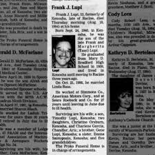 Obituary Frank J Lupi August 1994, Kenosha WI Kenosha News