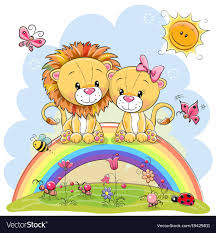Two Lions Are Sitting On The Rainbow Vector Image On Vectorstock Cute Cartoon Cute Animal Illustration Cartoon Lion