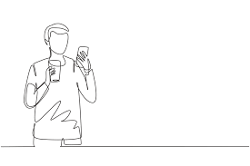 Single One-Line-Zeichnung lächelnder gutaussehender Mann, der auf das Handy  schaut und ein Glas Orangensaft hält, während er zu Hause frühstückt.  moderne durchgehende Linie zeichnen Design-Grafik-Vektor-Illustration  4483368 Vektor Kunst bei Vecteezy
