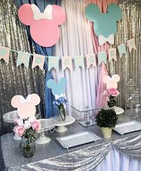 Mickey Minnie Gender Reveal Dessert Table Set Up Genderrevealbackdrop Weddin Baby Gender Reveal Party Gender Reveal Party Theme Gender Reveal Decorations
