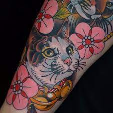 Cats Flowers And Bells By Dashuai Ma Dashuaima Neotraditional Abstract Geometric Color Cat Kitty Petp Traditional Tattoo Cat Cat Tattoo Nature Tattoos